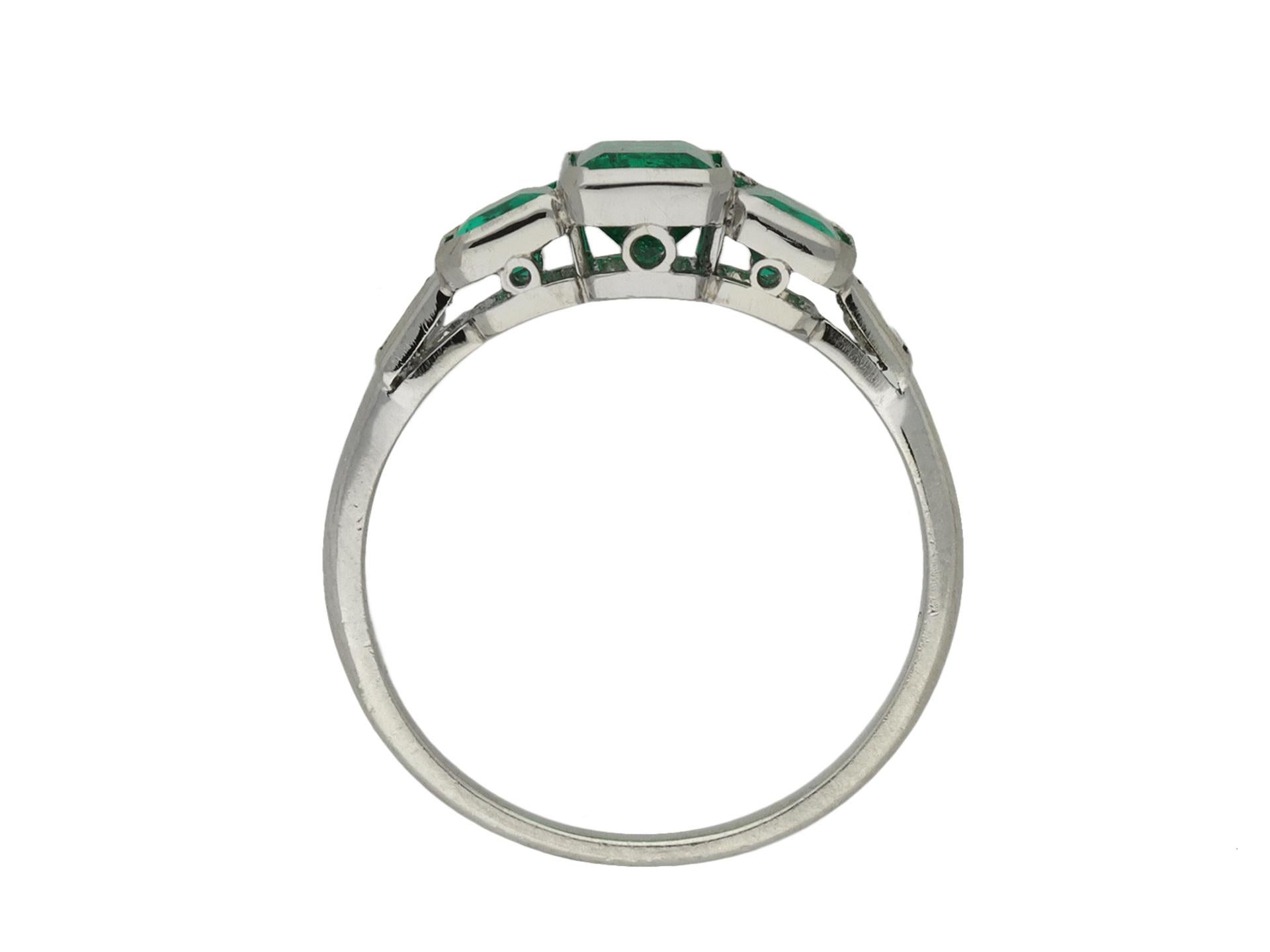 Emerald Cut Art Deco Colombian Emerald Three-Stone Ring, circa 1920