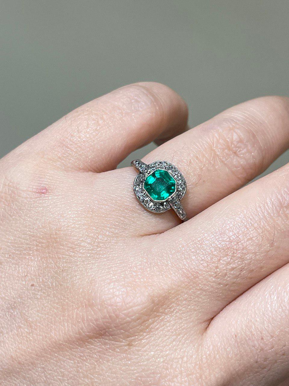 Women's or Men's Art Deco Colombian Insignificant Emerald Diamond Engagement Ring For Sale