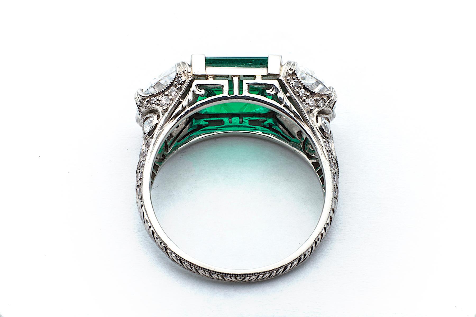 Emerald Cut Art Deco Colombian Square Cut Emerald Diamond Platinum Three-Stone Ring For Sale