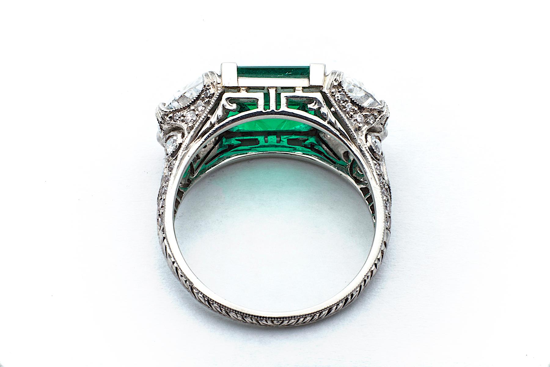 Emerald Cut Art Deco Colombian Square Cut Emerald Diamond Platinum Three-Stone Ring For Sale