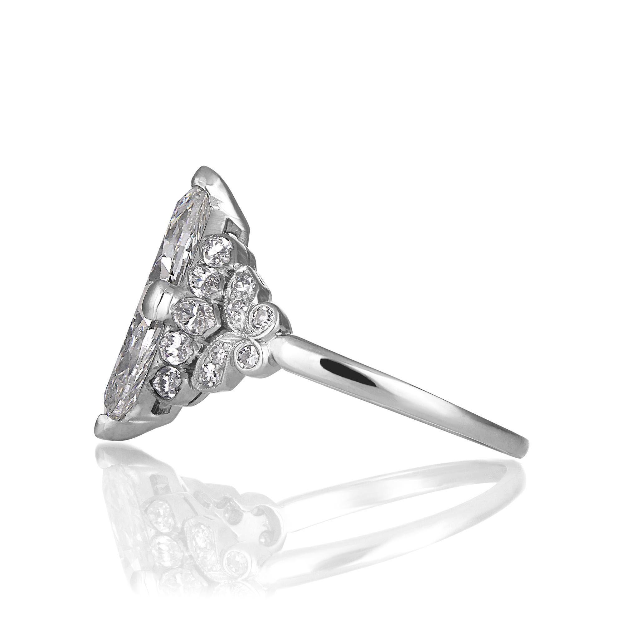 Art Deco Colorless GIA 3.09 ct Old European Marquise Cut Diamond Platinum Ring In Good Condition For Sale In New York, NY