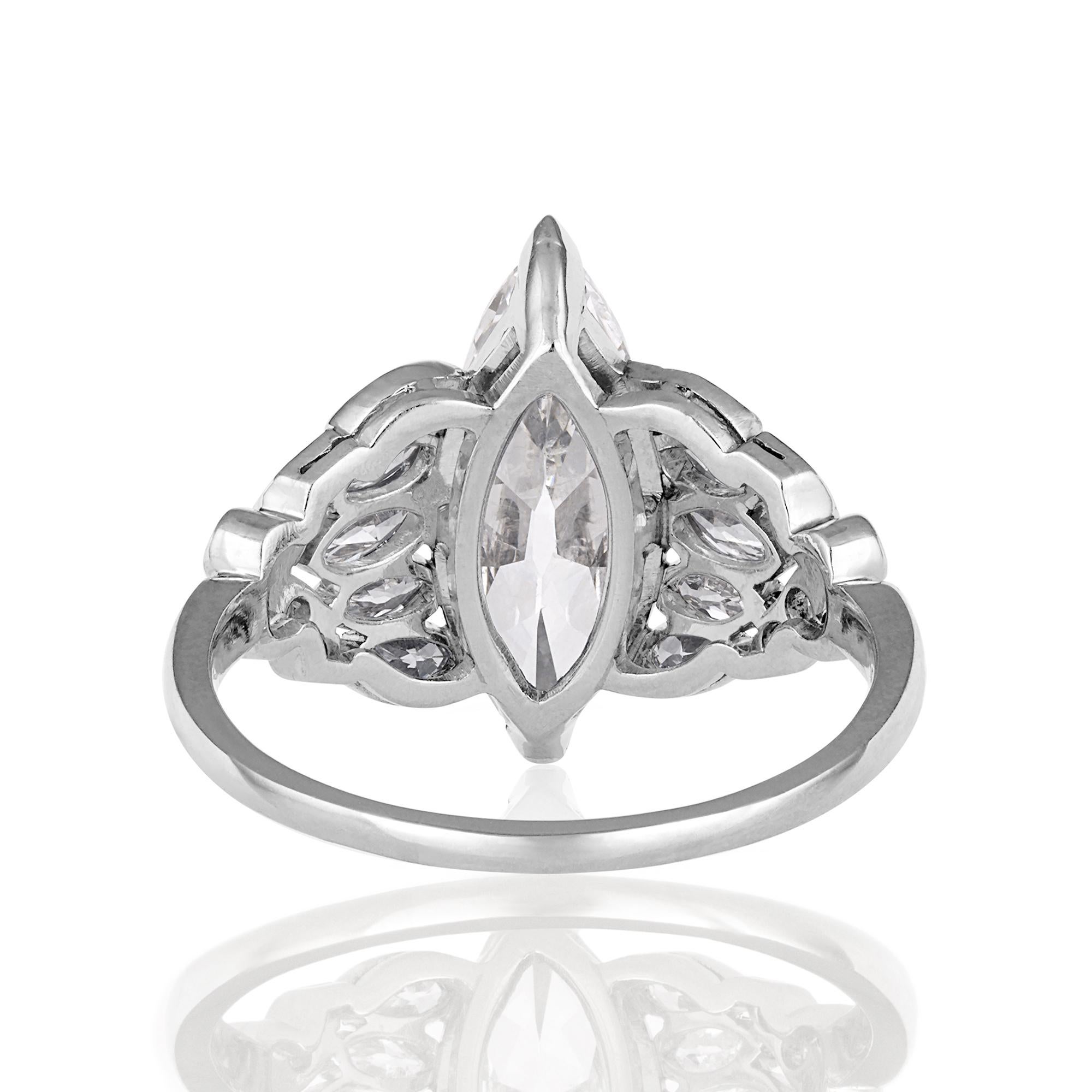Women's Art Deco Colorless GIA 3.09 ct Old European Marquise Cut Diamond Platinum Ring For Sale