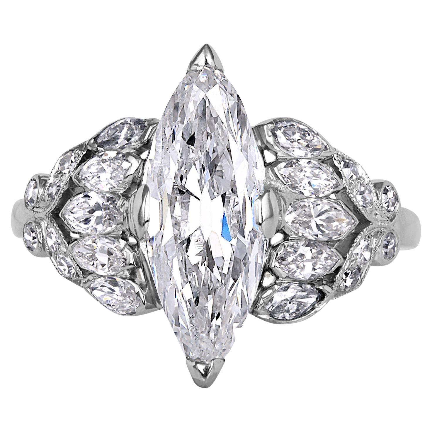 Art Deco Colorless GIA 3.09 ct Old European Marquise Cut Diamond Platinum Ring For Sale