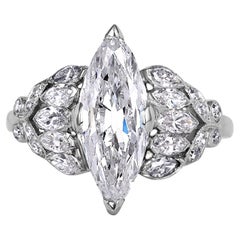 Art Deco Colorless GIA 3.09 ct Old European Marquise Cut Diamond Platinum Ring