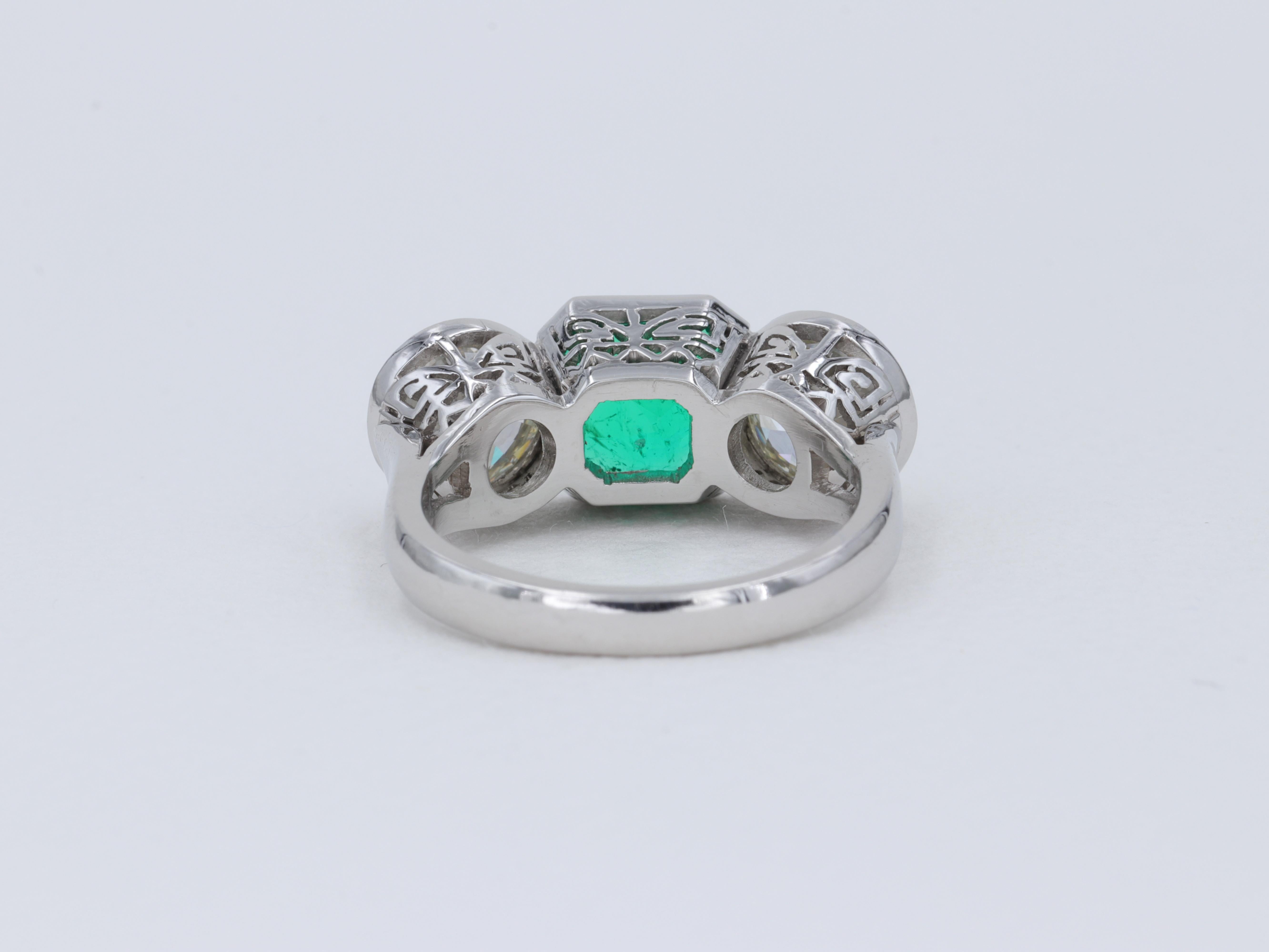 Asscher Cut Art Deco Colombian Emerald and Old European Cut Diamond 3 Stone Ring in Platinum For Sale