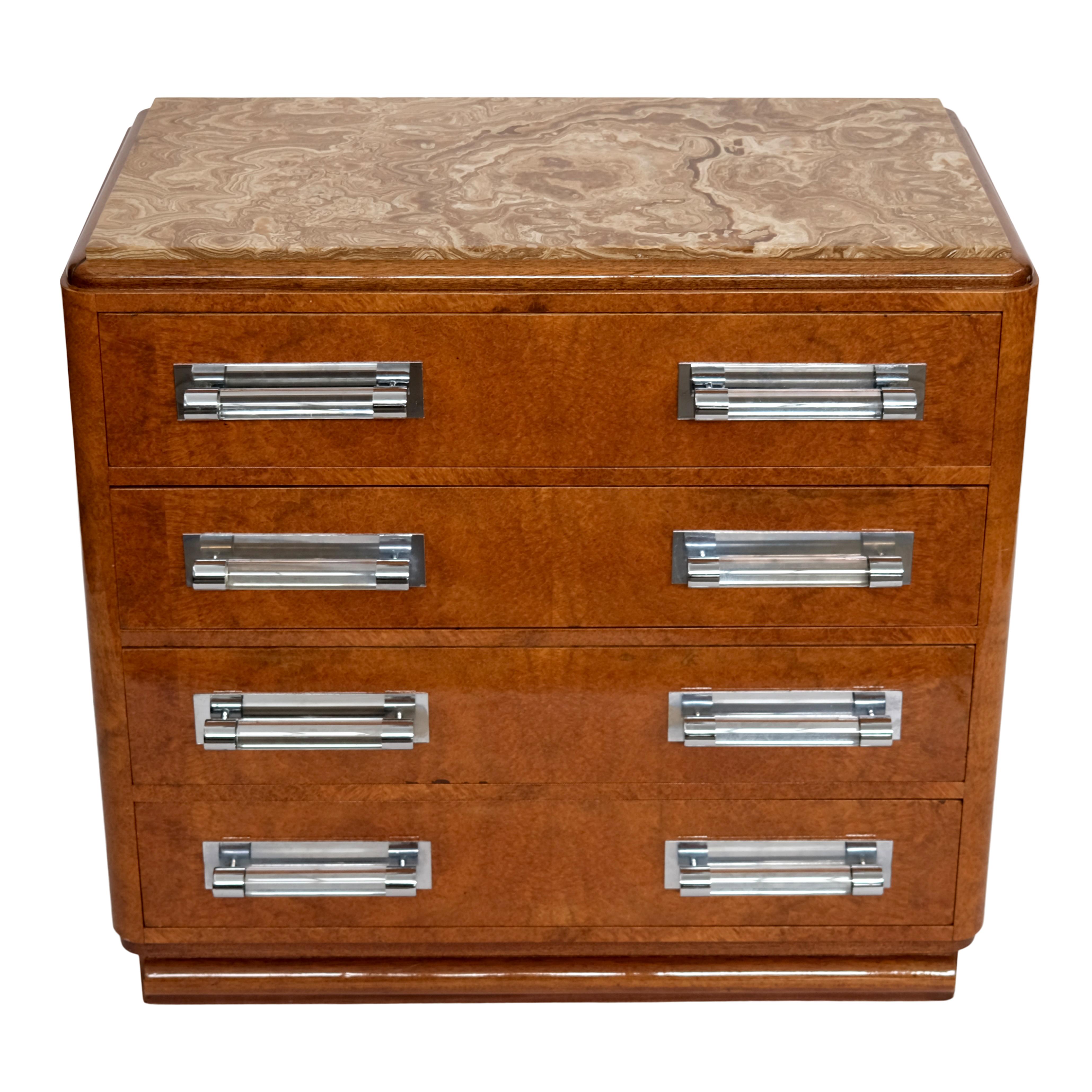 Lacquered Art Deco Commode Chest of Drawers in Amboyna with Marble Top and Glass Handles  For Sale