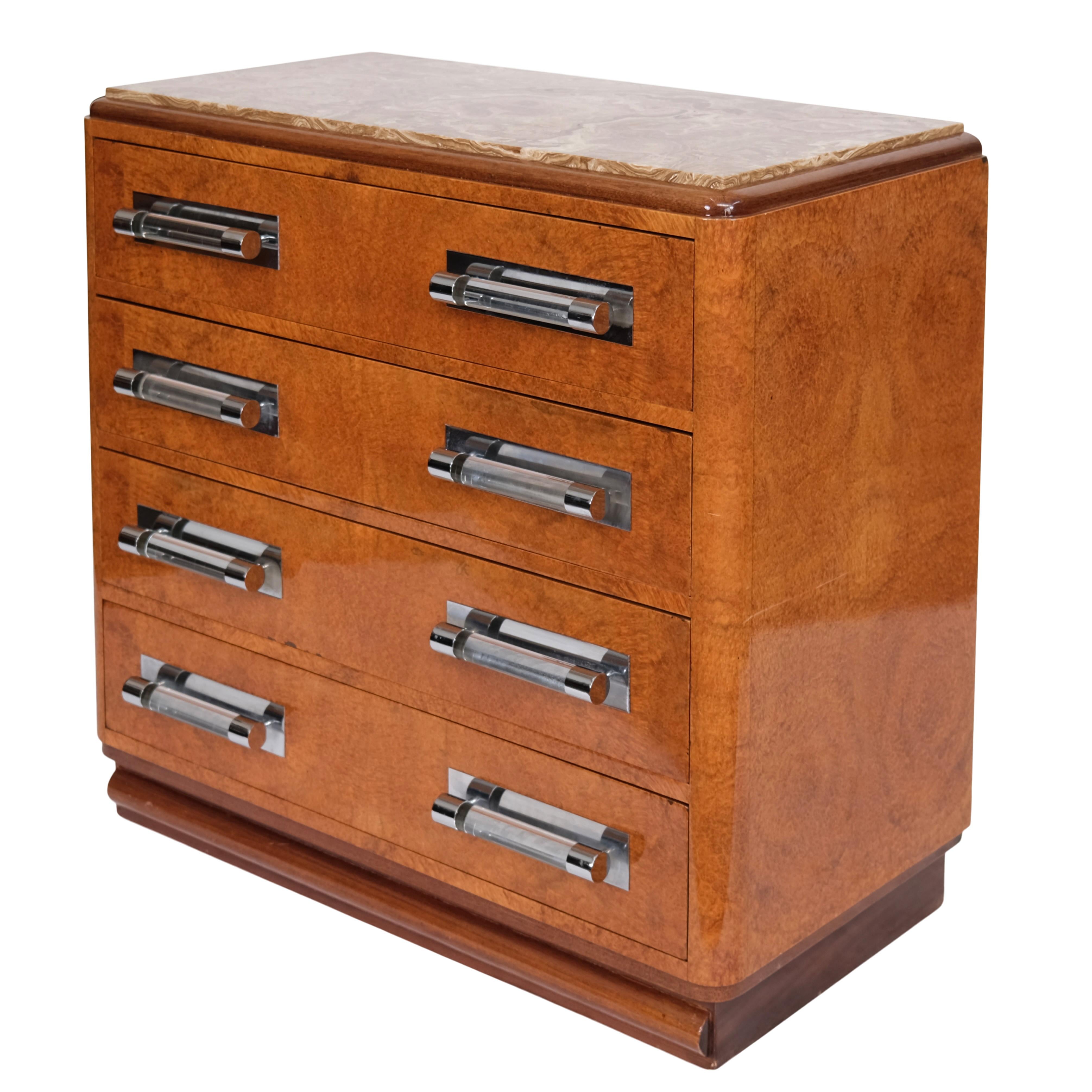 Mid-20th Century Art Deco Commode Chest of Drawers in Amboyna with Marble Top and Glass Handles  For Sale