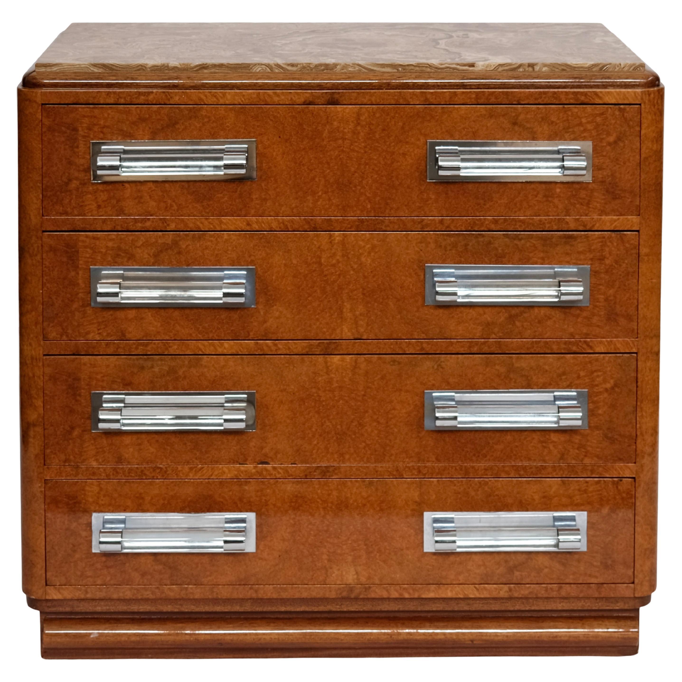 Art Deco Commode Chest of Drawers in Amboyna with Marble Top and Glass Handles  For Sale