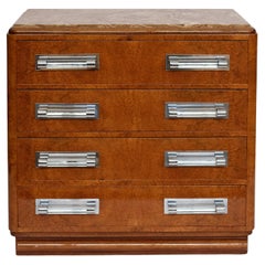 Art Deco Commode Chest of Drawers in Amboyna with Marble Top and Glass Handles 