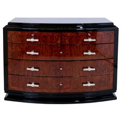 Art Deco Commode with Convex Front in Wood Veneer and Black Lacquered Body