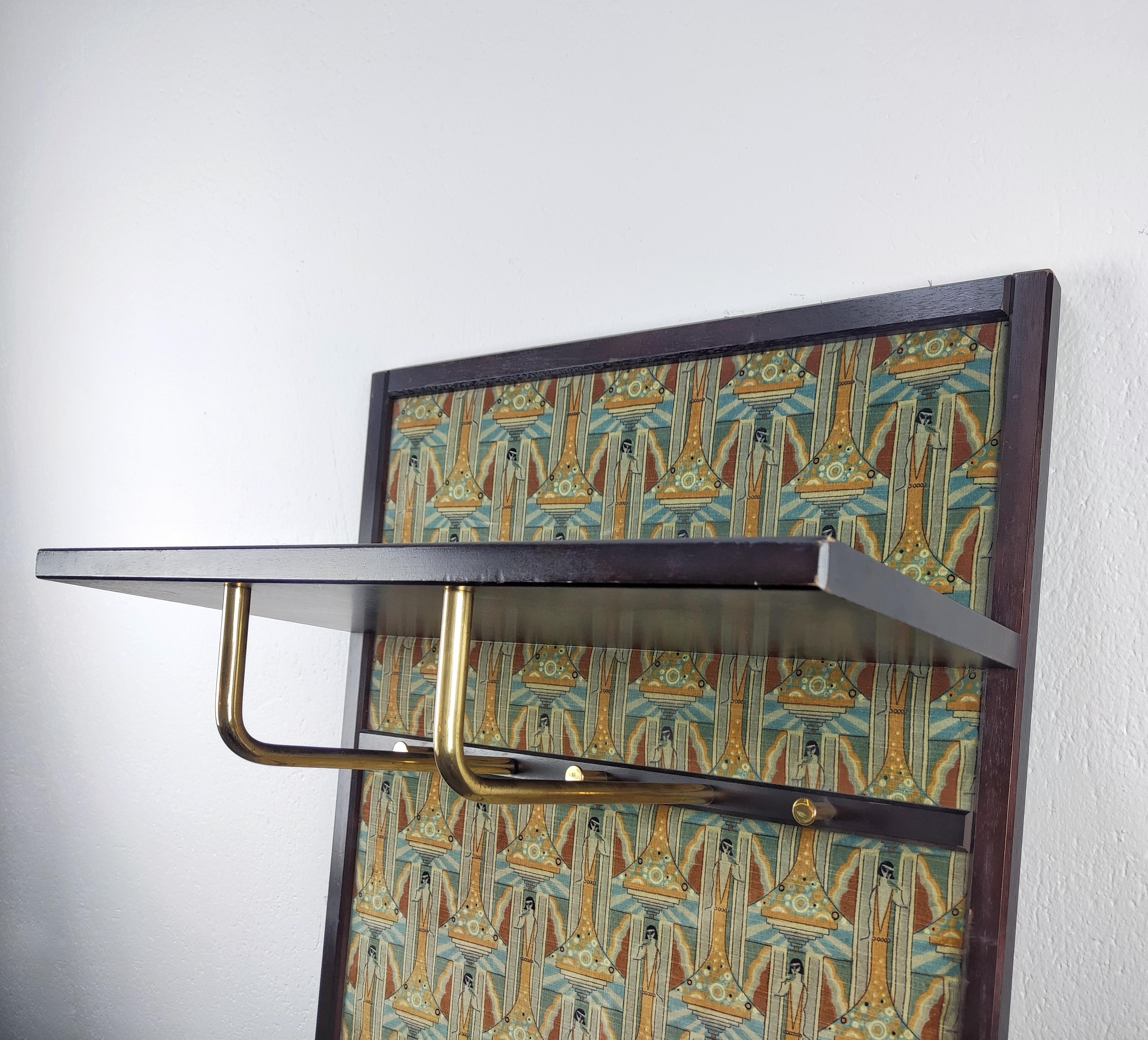 Austrian Art Deco Compact Foyer Coat Rack with Klimt-Esque Fabric, Austria, 1920s For Sale