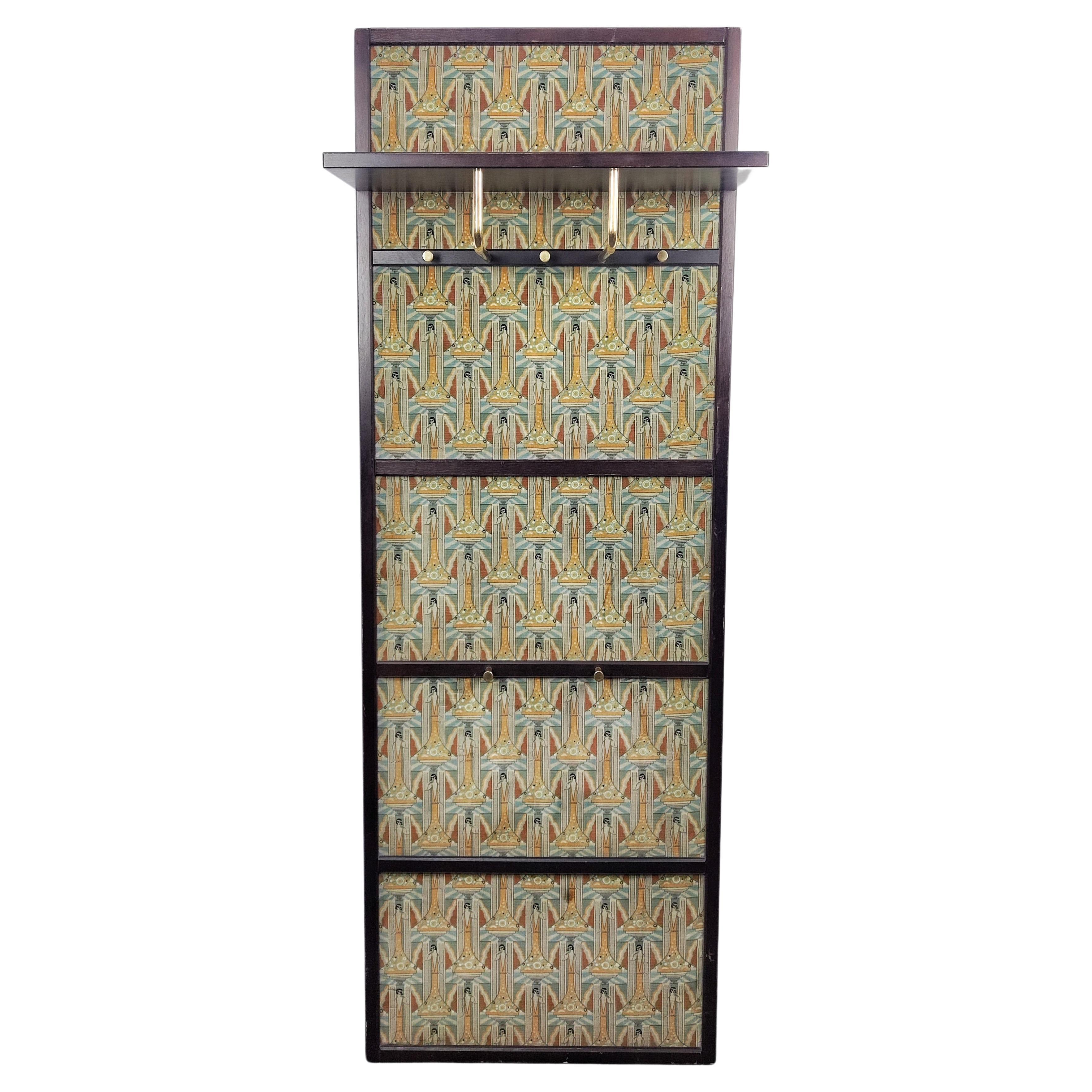 Art Deco Compact Foyer Coat Rack with Klimt-Esque Fabric, Austria, 1920s For Sale