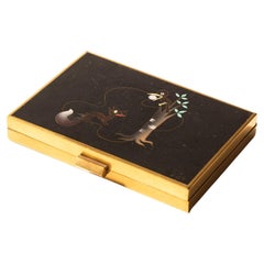 Art Deco Compact – Lacquer and Brass – "The Fox and the Crow" Decor, 1930s