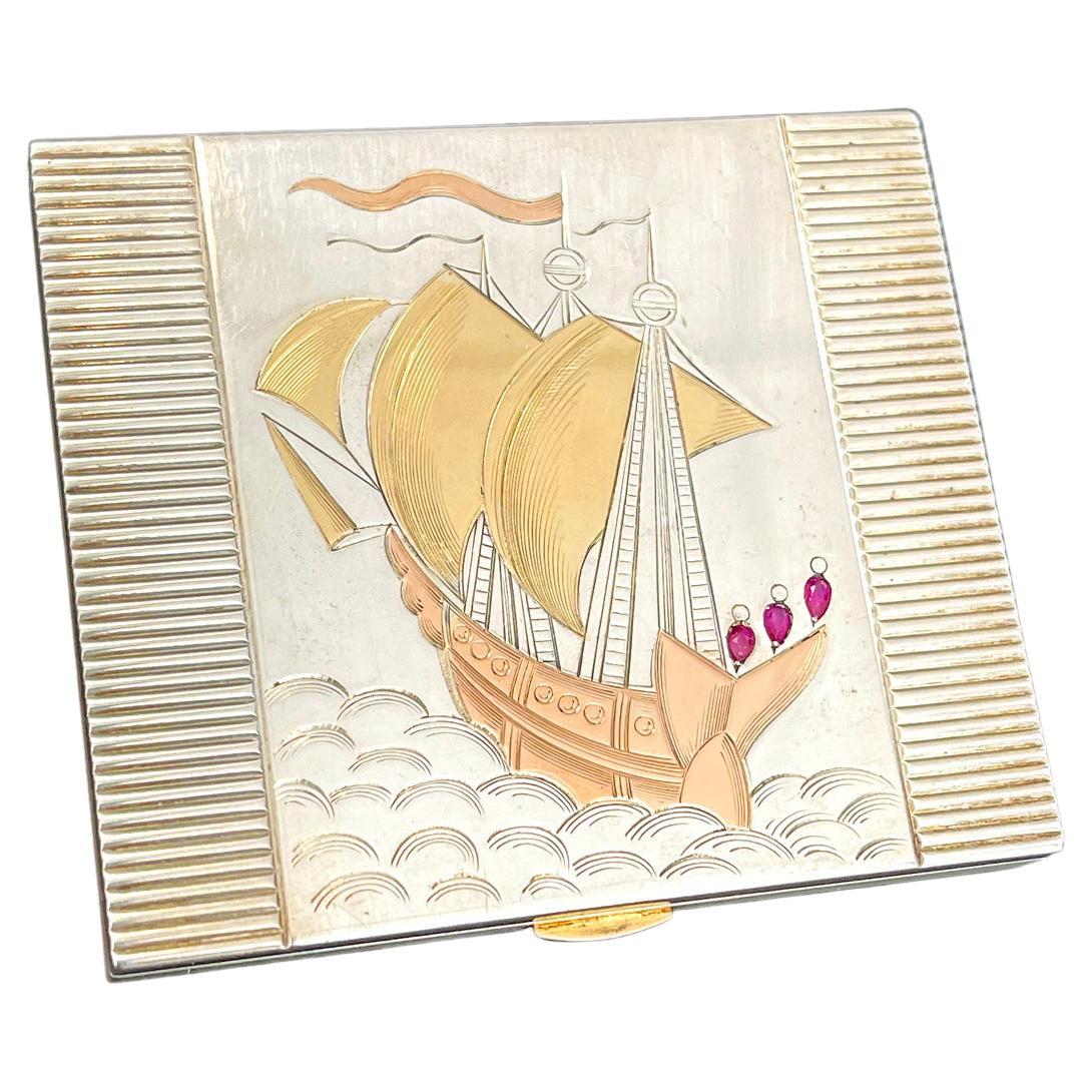 Art Deco Compact w/ Sailing Ship Motif, Gold, Rose Gold, Silver & Rubies, France