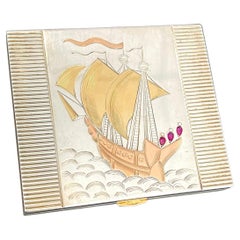 Art Deco Compact w/ Sailing Ship Motif, Gold, Rose Gold, Silver & Rubies, France