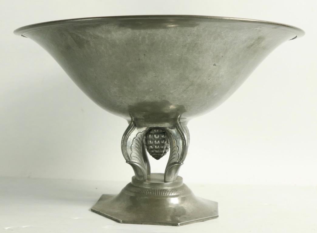 Art Deco centerpiece bowl marked Just (Just Andersen) 1929 889 made in Denmark. Made of pewter, this example is in good original condition, being slightly misshapen, normal and consistent with age and nature of materials. Please view the companion