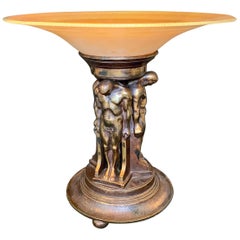 Art Deco Compote with Nude Male Caryatids, Oscar Bach Bronze with Lustre Glass