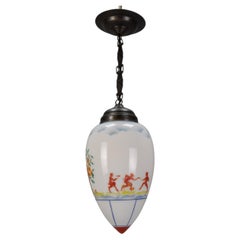 Art Deco Cone Shaped White Glass Pendant Ceiling Light with Decors, 1930s
