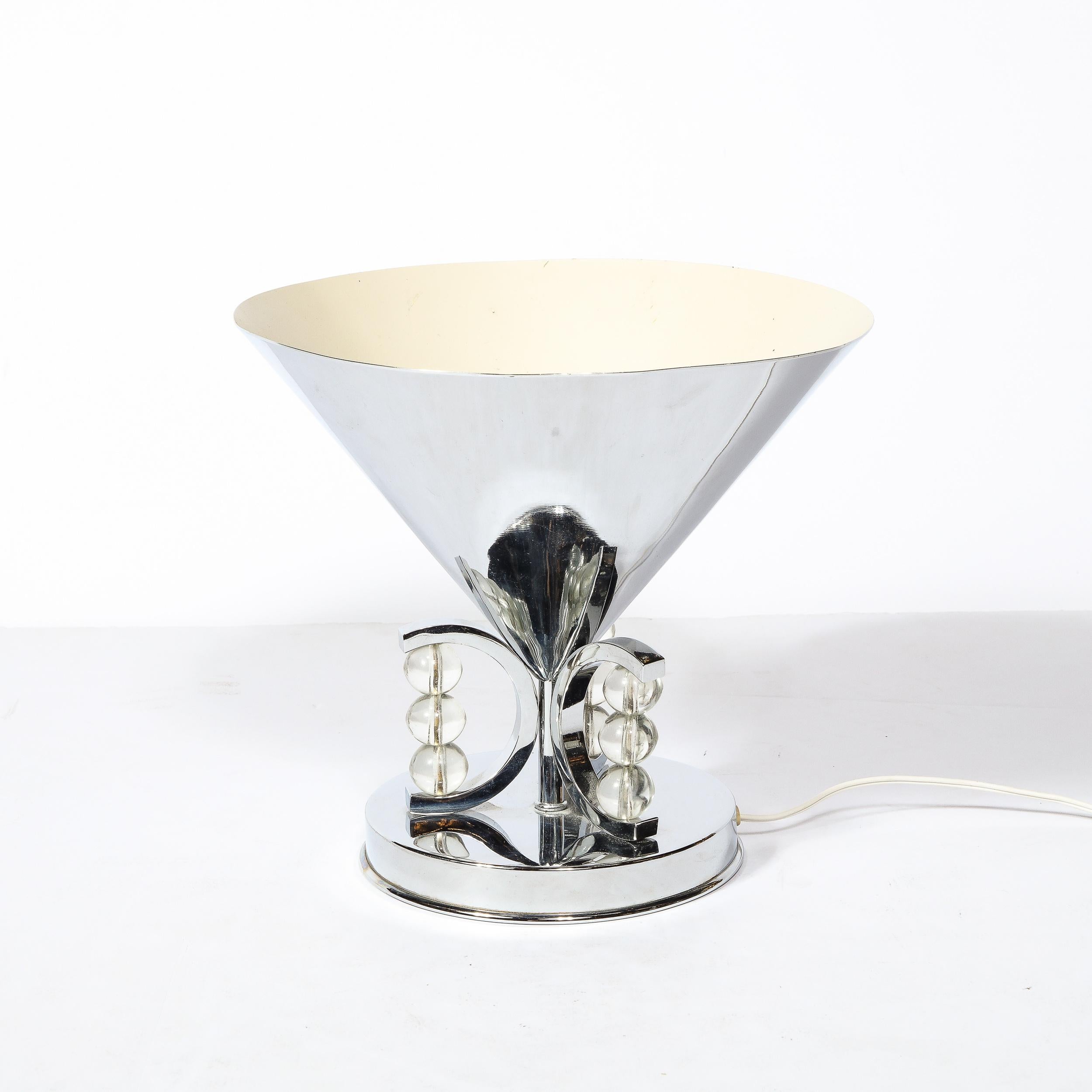 Lampe de bureau conique Art Déco en chrome avec détails en forme de boule de verre empilée en vente 1