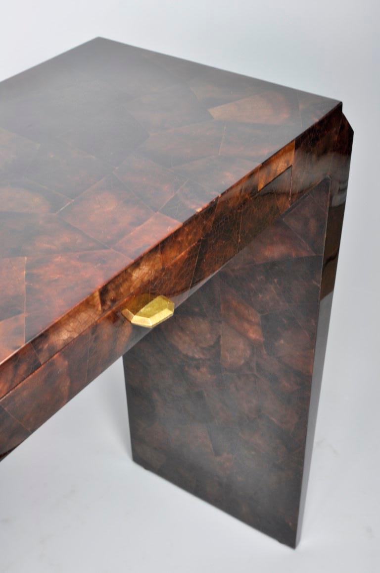 French Art Deco Console in Brown Marquetry by Ginger Brown For Sale