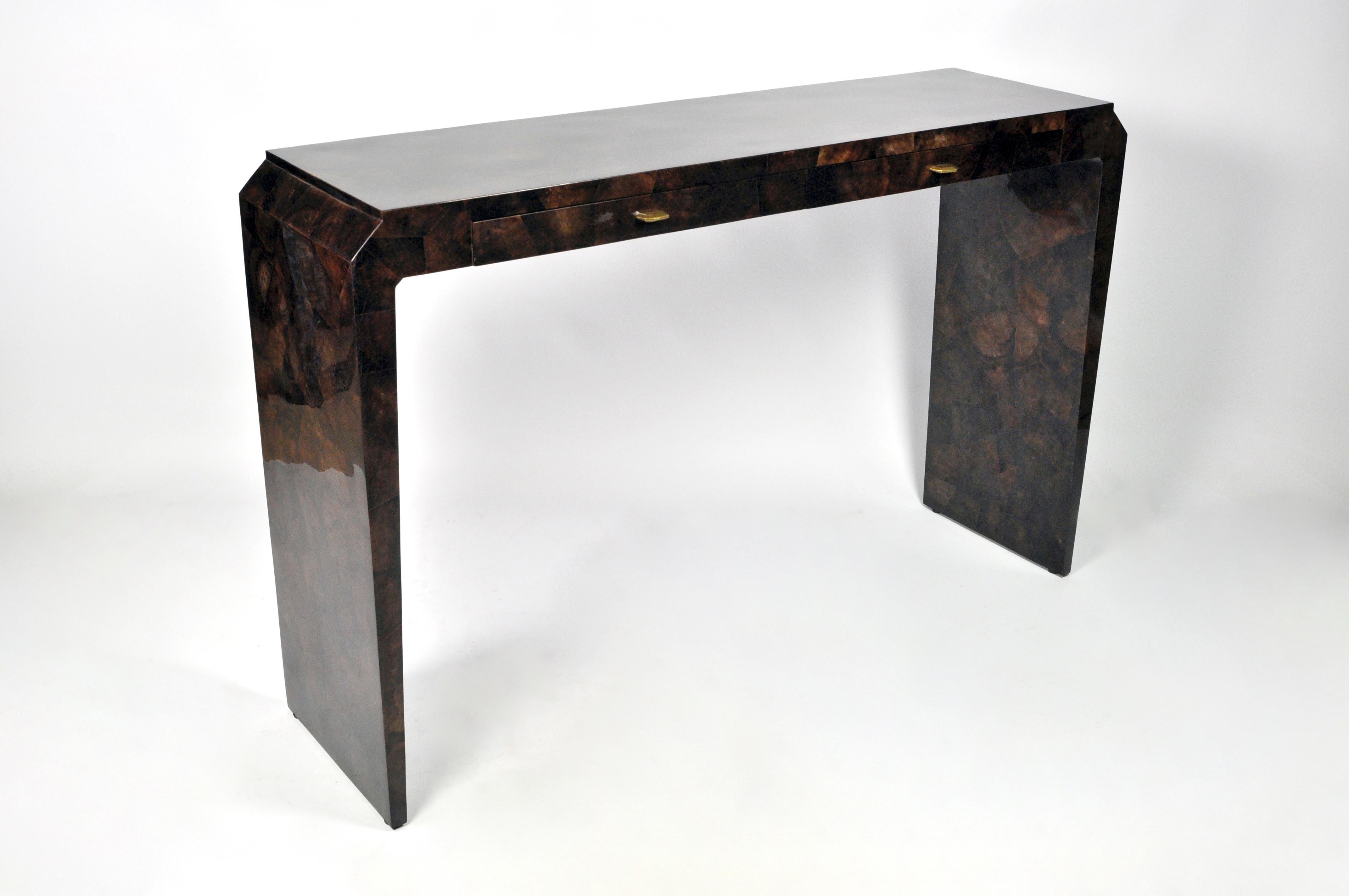 Hand-Crafted Art Deco Console in Brown Marquetry by Ginger Brown For Sale