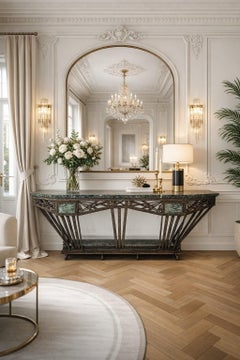 Art déco console in wrought iron and green campan marble top