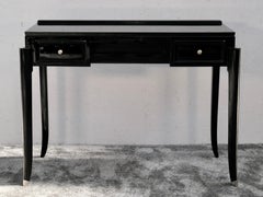 Art Deco Console or Vanity Table in Black Lacquer with Metal Trim, 1930s