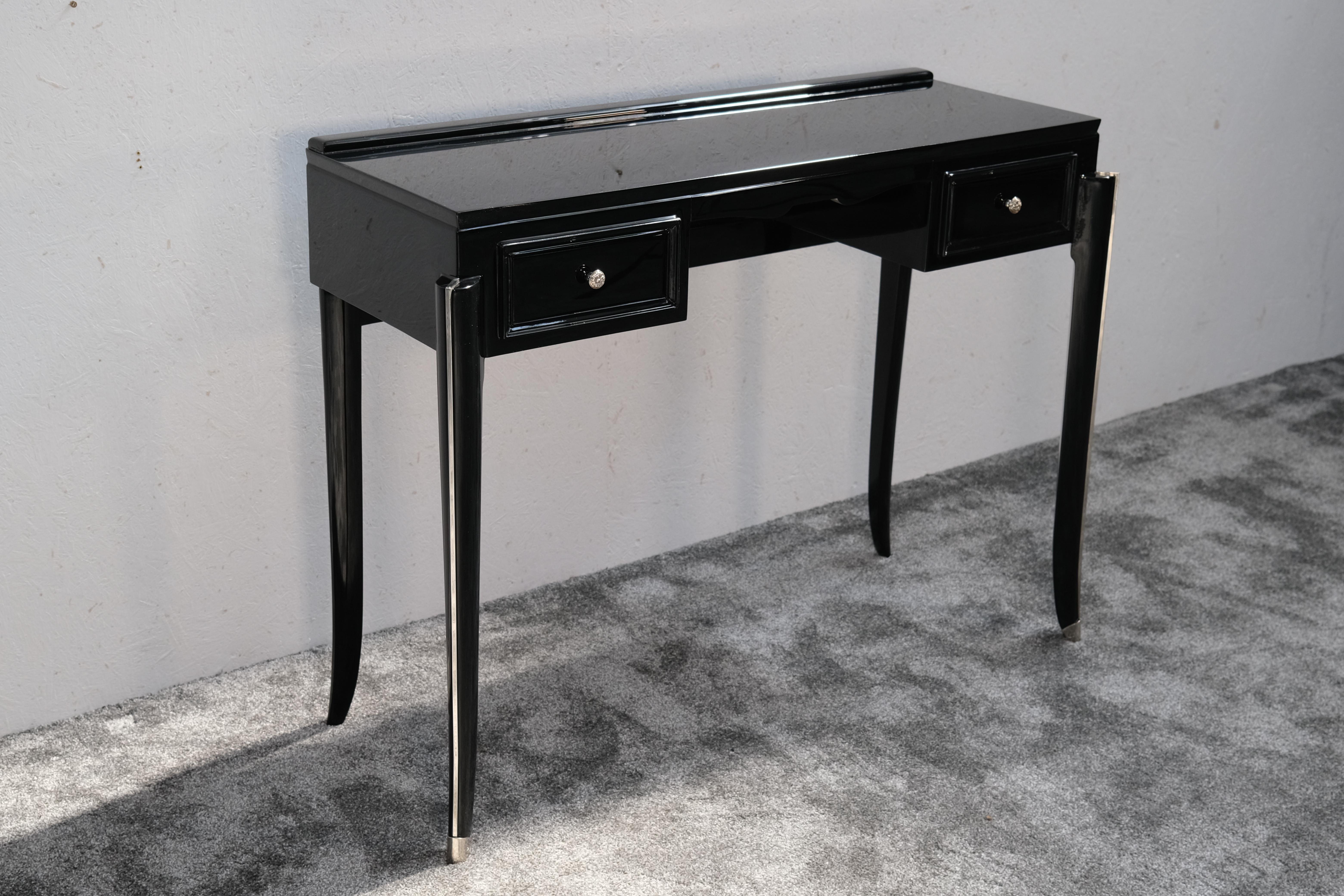 Art Deco Konsole oder Waschtisch in schwarzem Lack mit Metallverzierungen, 1930er Jahre (Französisch) im Angebot
