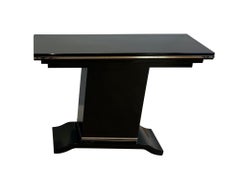 Art Deco Console Table, Black Lacquer, Metal Trims, France circa 1940