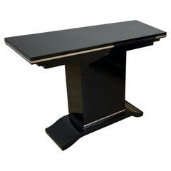 Used Art Deco Console Table, Black Lacquer, Metal Trims, France circa 1940