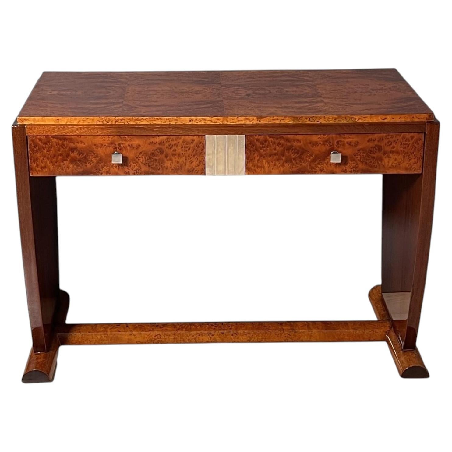 Art Deco Console Table, Thuja Burl, Ice Birch, Silver, Lacquer France circa 1925 For Sale