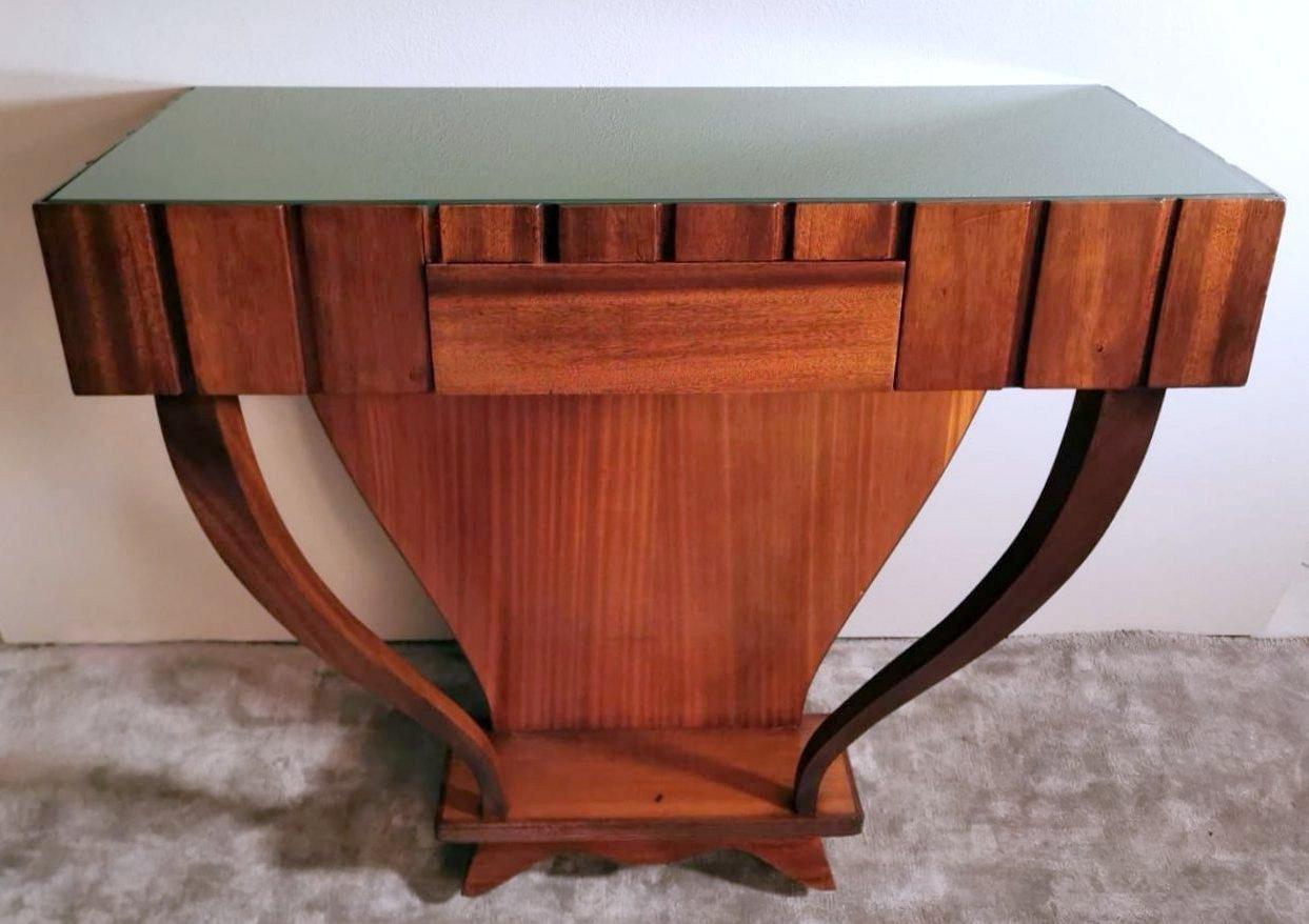 Italian Art Deco Console Table with Green Glass Top For Sale
