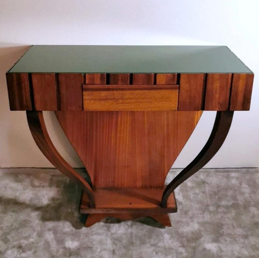 Hand-Crafted Art Deco Console Table with Green Glass Top For Sale