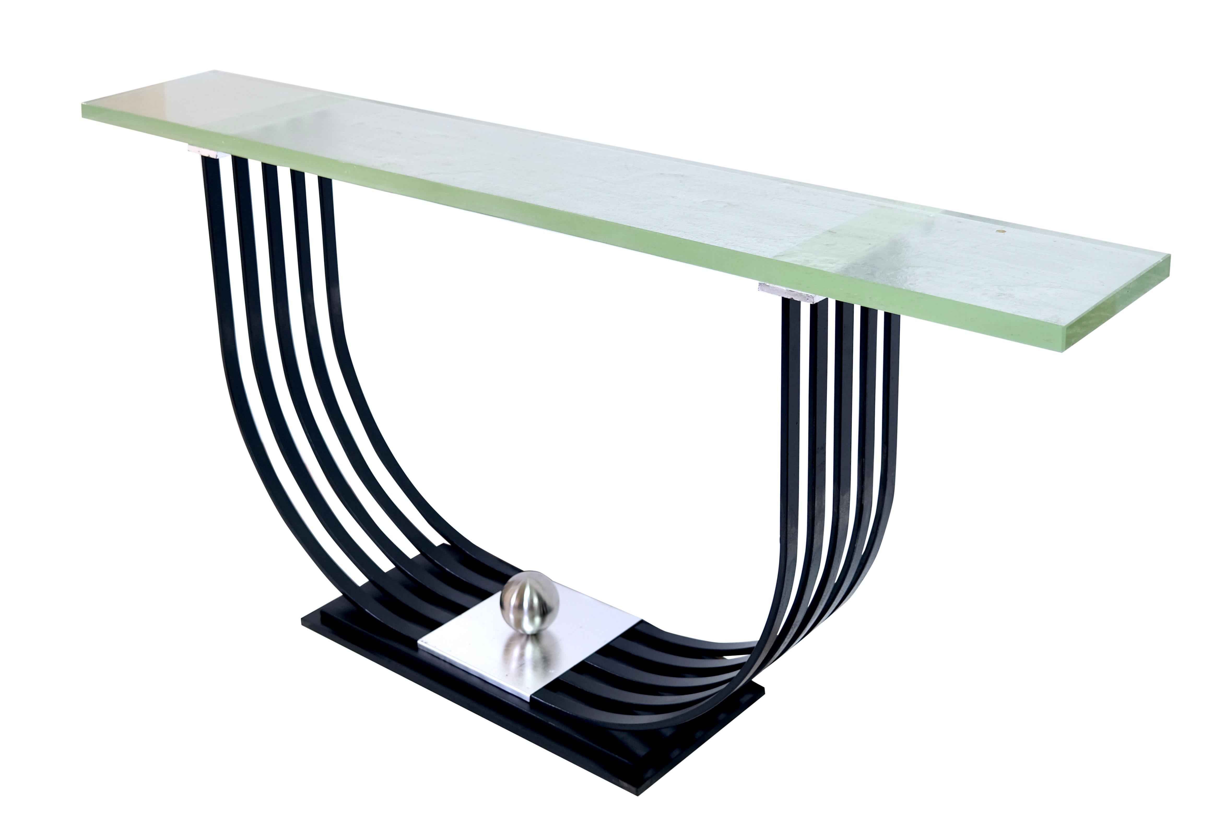 German Art Deco Console Table with Iron Mount and Thick 1930s Saint Gobain Glass Top For Sale