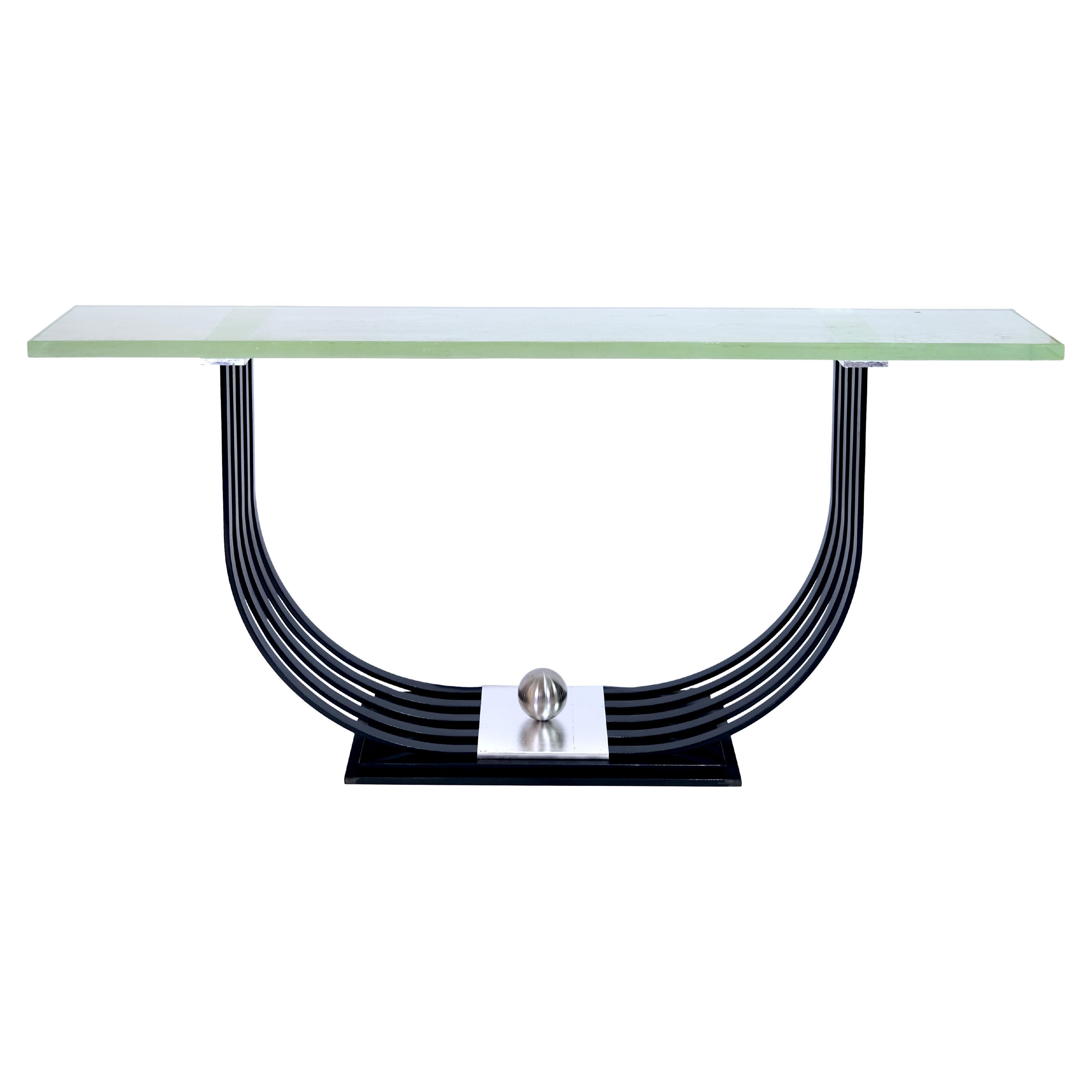 Table console Art Déco avec support en fer et plateau en verre Saint Gobain épais des années 1930 en vente