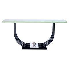 Table console Art Déco avec support en fer et plateau en verre Saint Gobain épais des années 1930