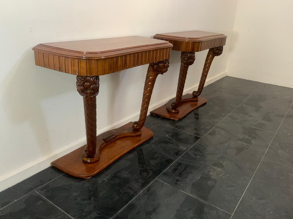 Art Deco Art Dèco Console with Conucopia -Shaped Pilasters, 1930s, Set of 2 For Sale