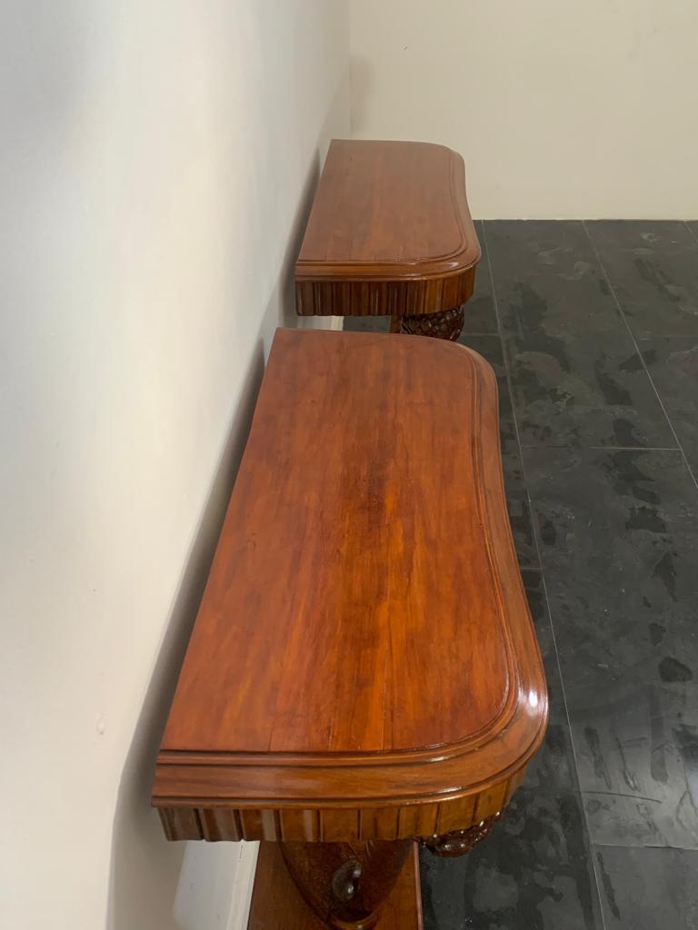 Cherry Art Dèco Console with Conucopia -Shaped Pilasters, 1930s, Set of 2 For Sale