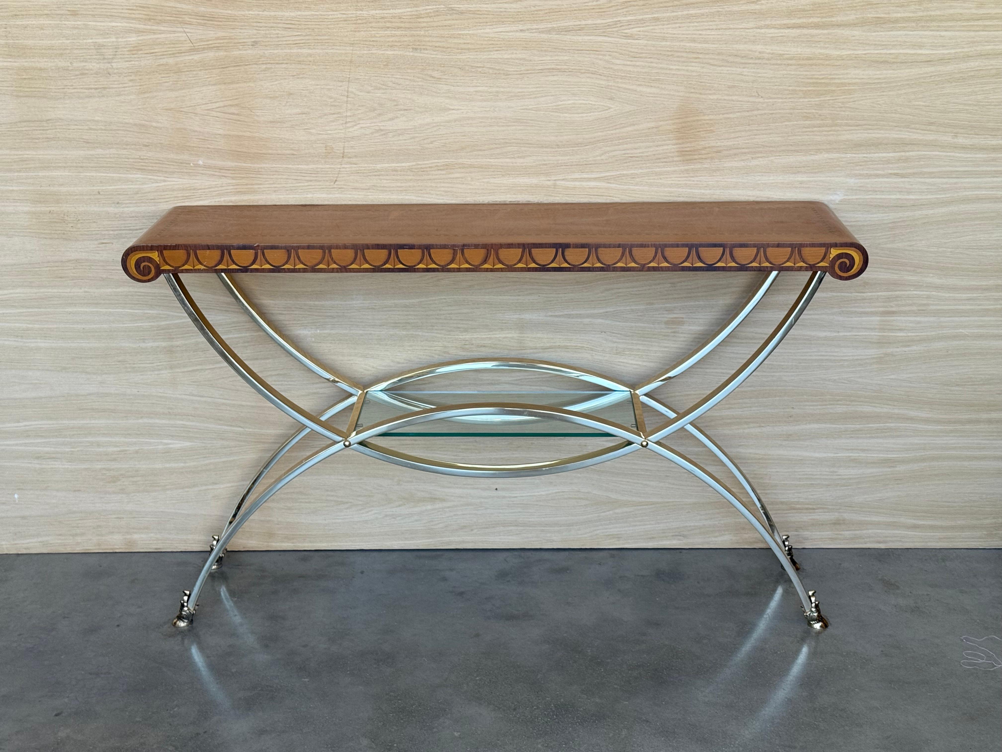 Art-Deco-Konsole mit Sockel aus heller Bronze und kontrastierender dunkler Platte mit Palmen (Art déco) im Angebot