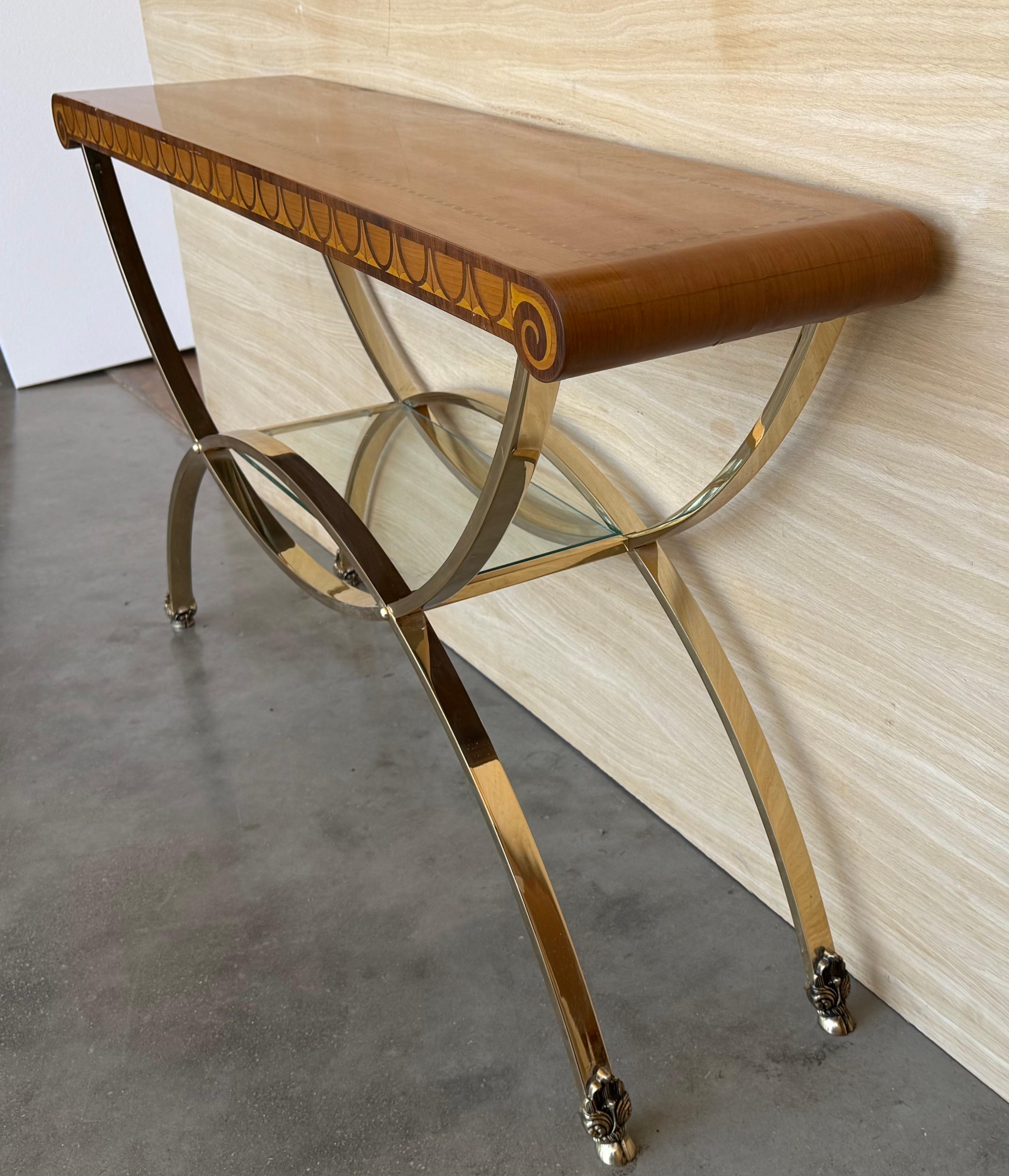 Art-Deco-Konsole mit Sockel aus heller Bronze und kontrastierender dunkler Platte mit Palmen (Italienisch) im Angebot