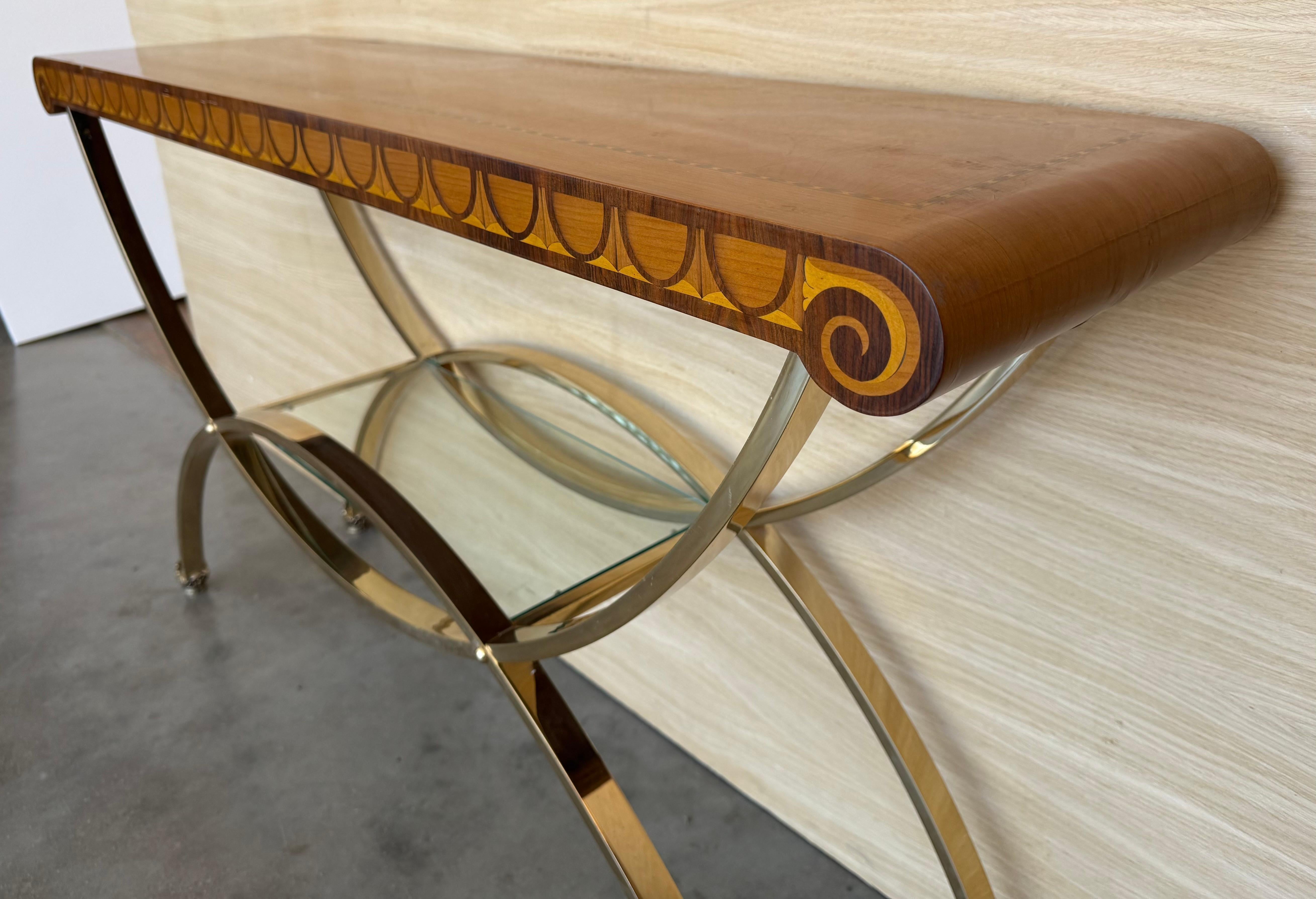 Art-Deco-Konsole mit Sockel aus heller Bronze und kontrastierender dunkler Platte mit Palmen im Zustand „Gut“ im Angebot in Miami, FL