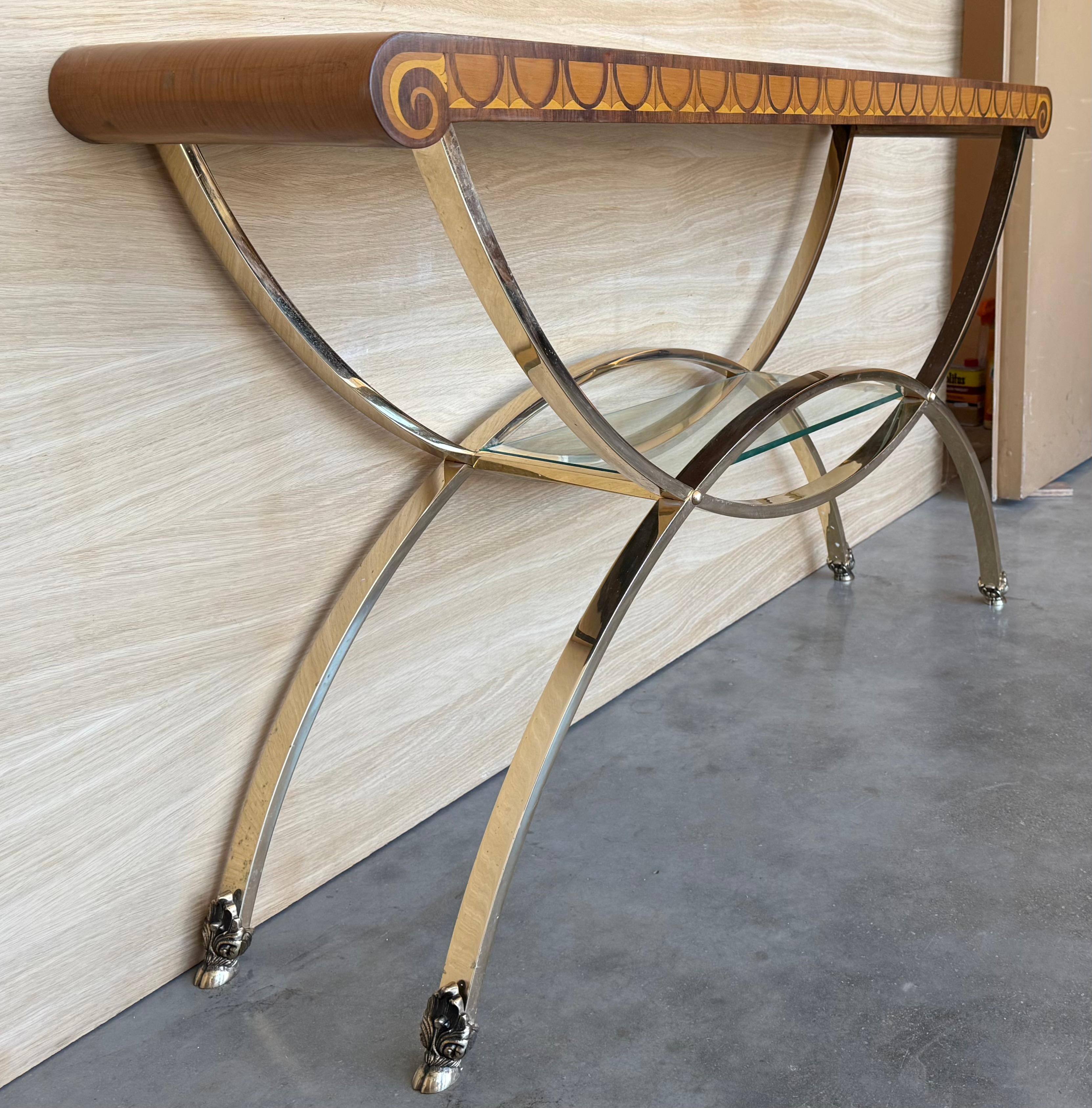 Art-Deco-Konsole mit Sockel aus heller Bronze und kontrastierender dunkler Platte mit Palmen (20. Jahrhundert) im Angebot
