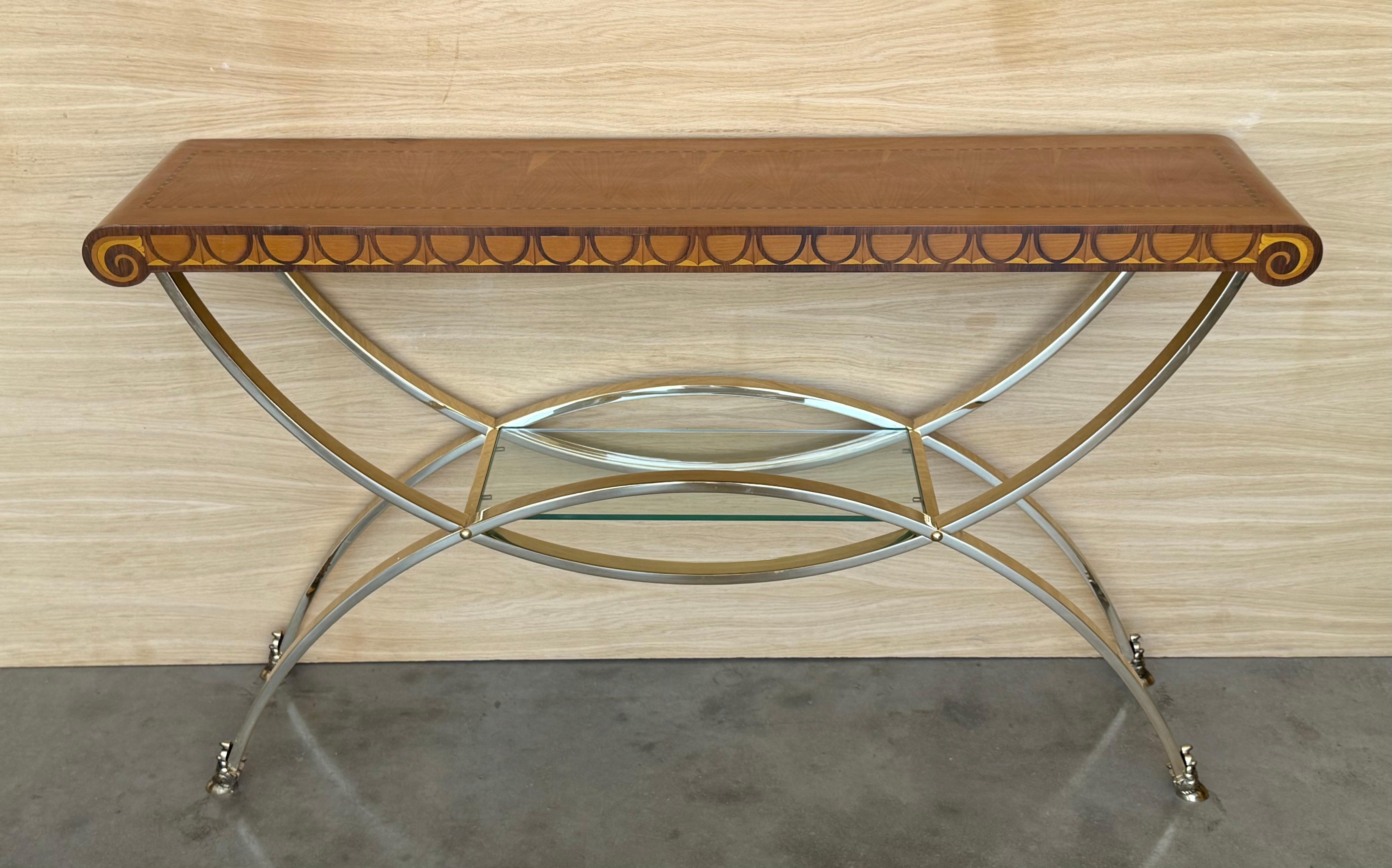 Art-Deco-Konsole mit Sockel aus heller Bronze und kontrastierender dunkler Platte mit Palmen im Angebot 2