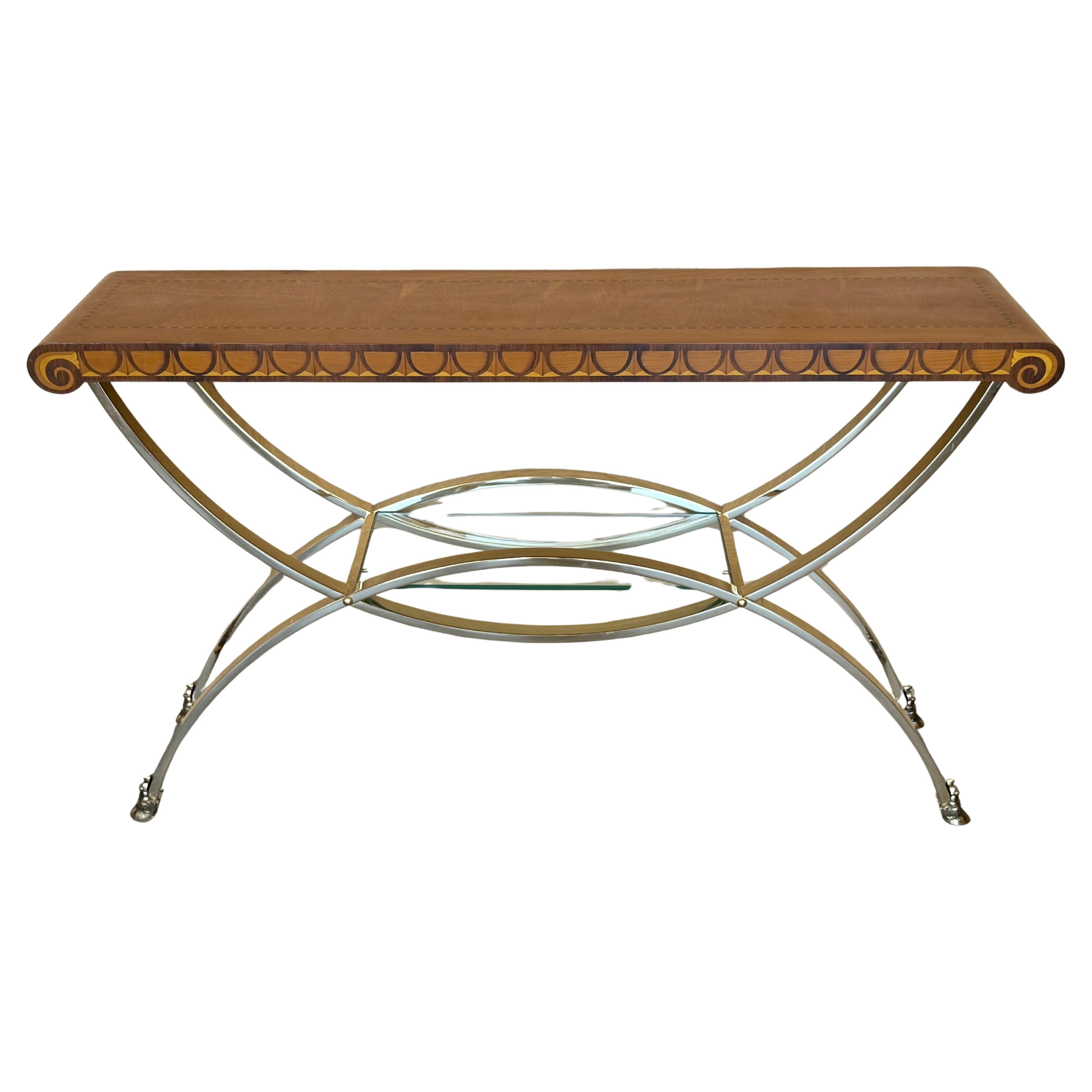 Art-Deco-Konsole mit Sockel aus heller Bronze und kontrastierender dunkler Platte mit Palmen im Angebot