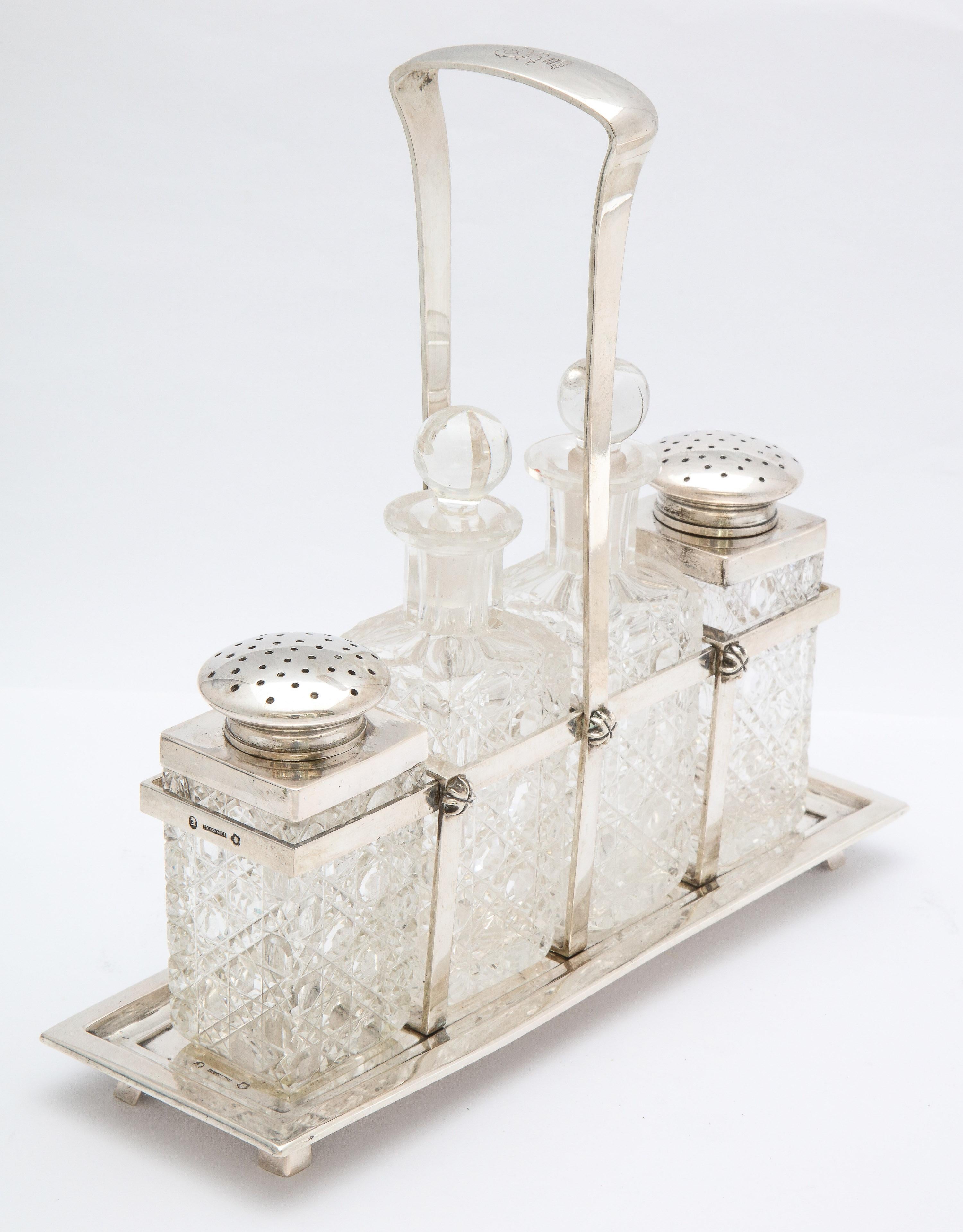 Art Deco Continental '.800' Silver-Mounted Hobnail Cut-Glass Cruet Set on Stand In Good Condition In New York, NY
