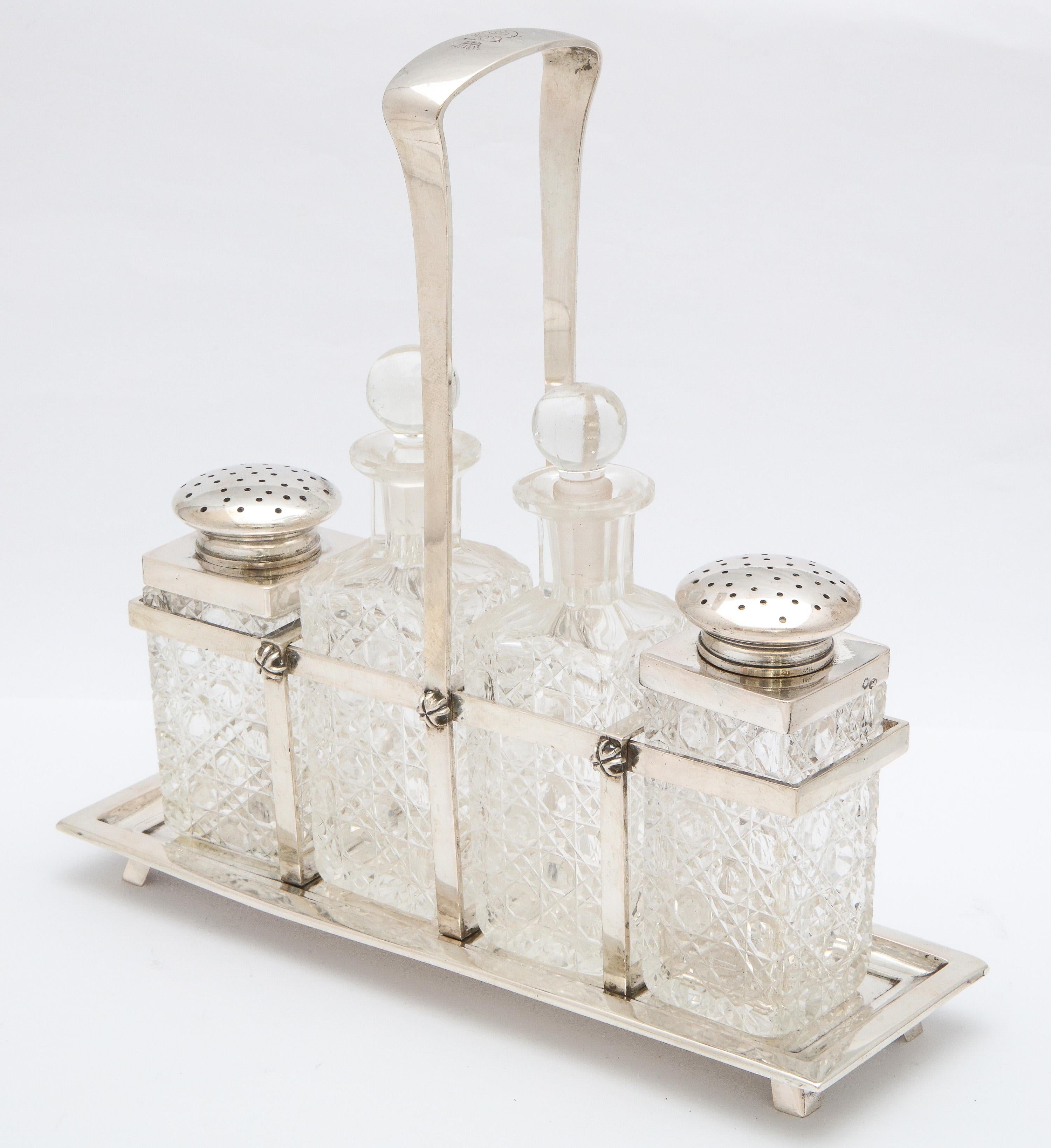 Early 20th Century Art Deco Continental '.800' Silver-Mounted Hobnail Cut-Glass Cruet Set on Stand