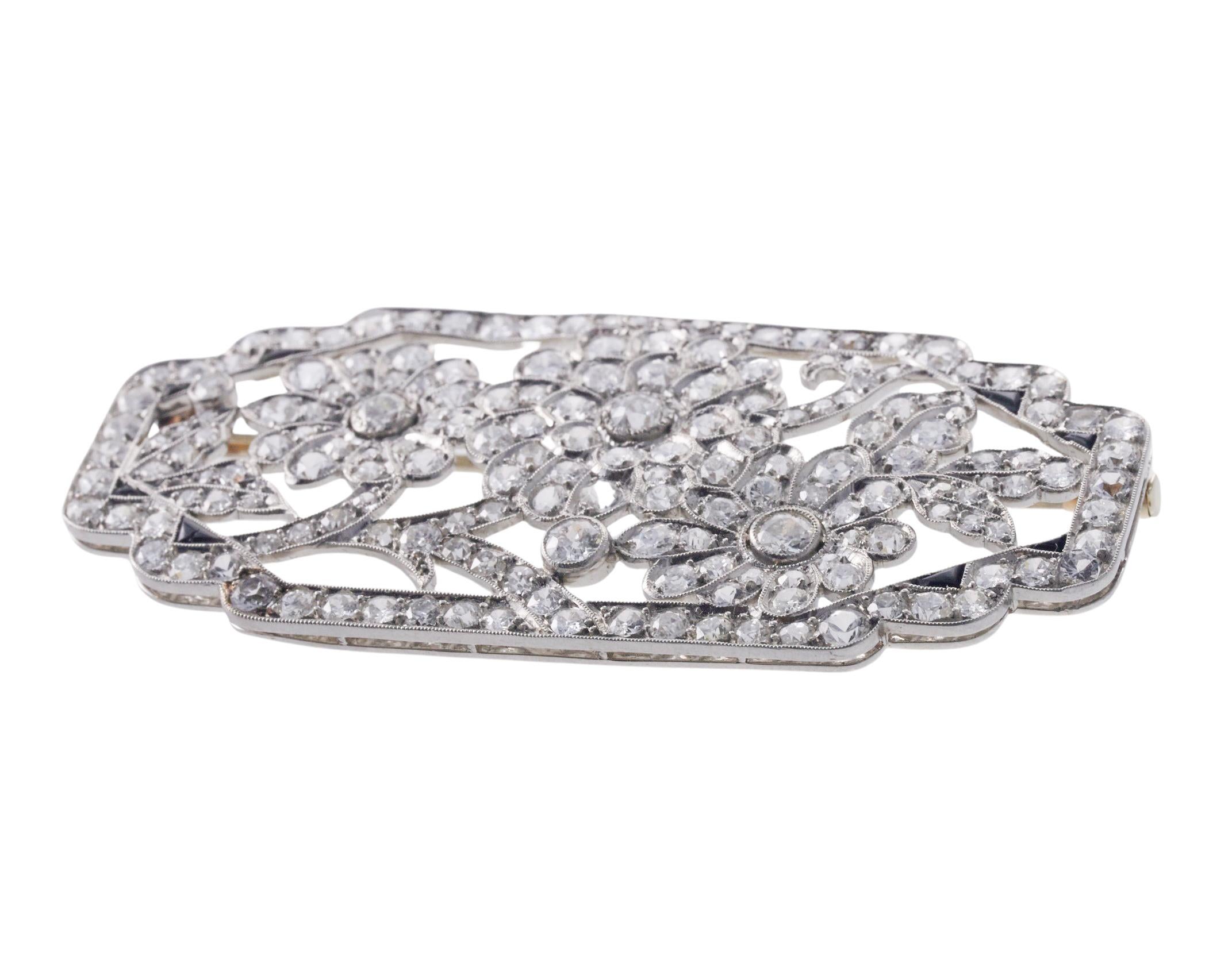 Women's Art Deco Continental Platinum Diamond Onyx Brooch  For Sale