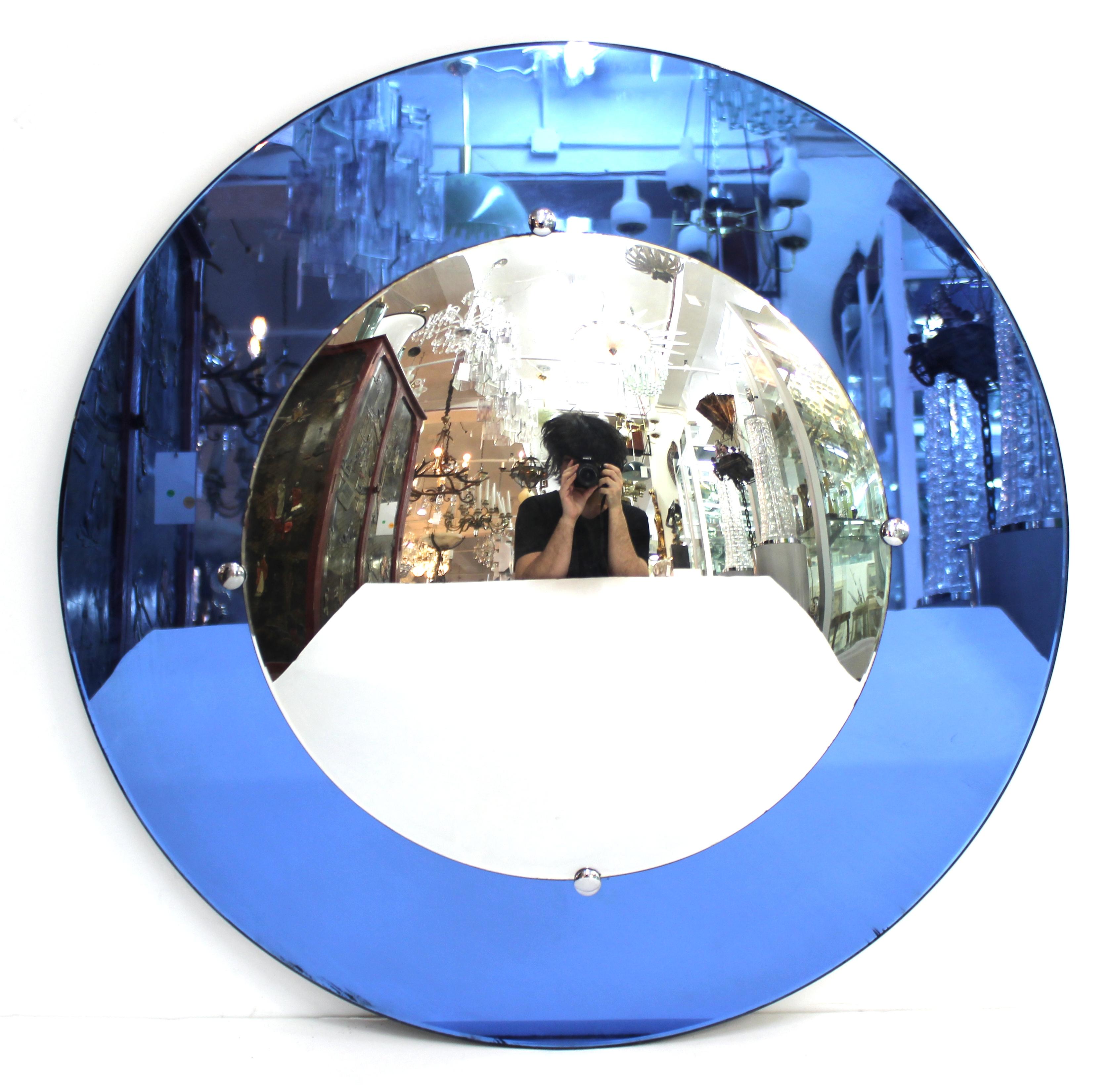 American Art Deco Convex Circular Mirror with Blue Border