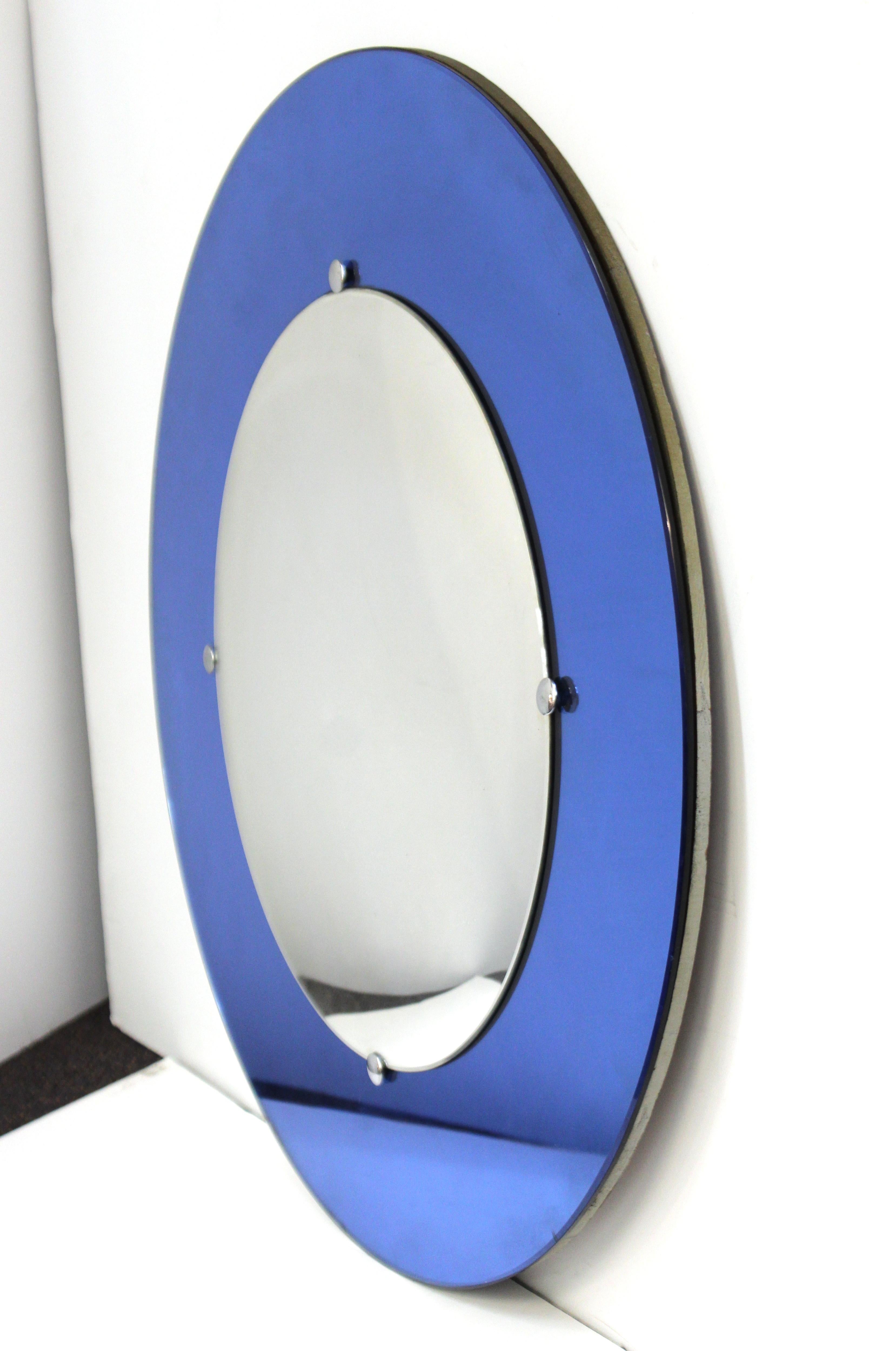 Mid-20th Century Art Deco Convex Circular Mirror with Blue Border