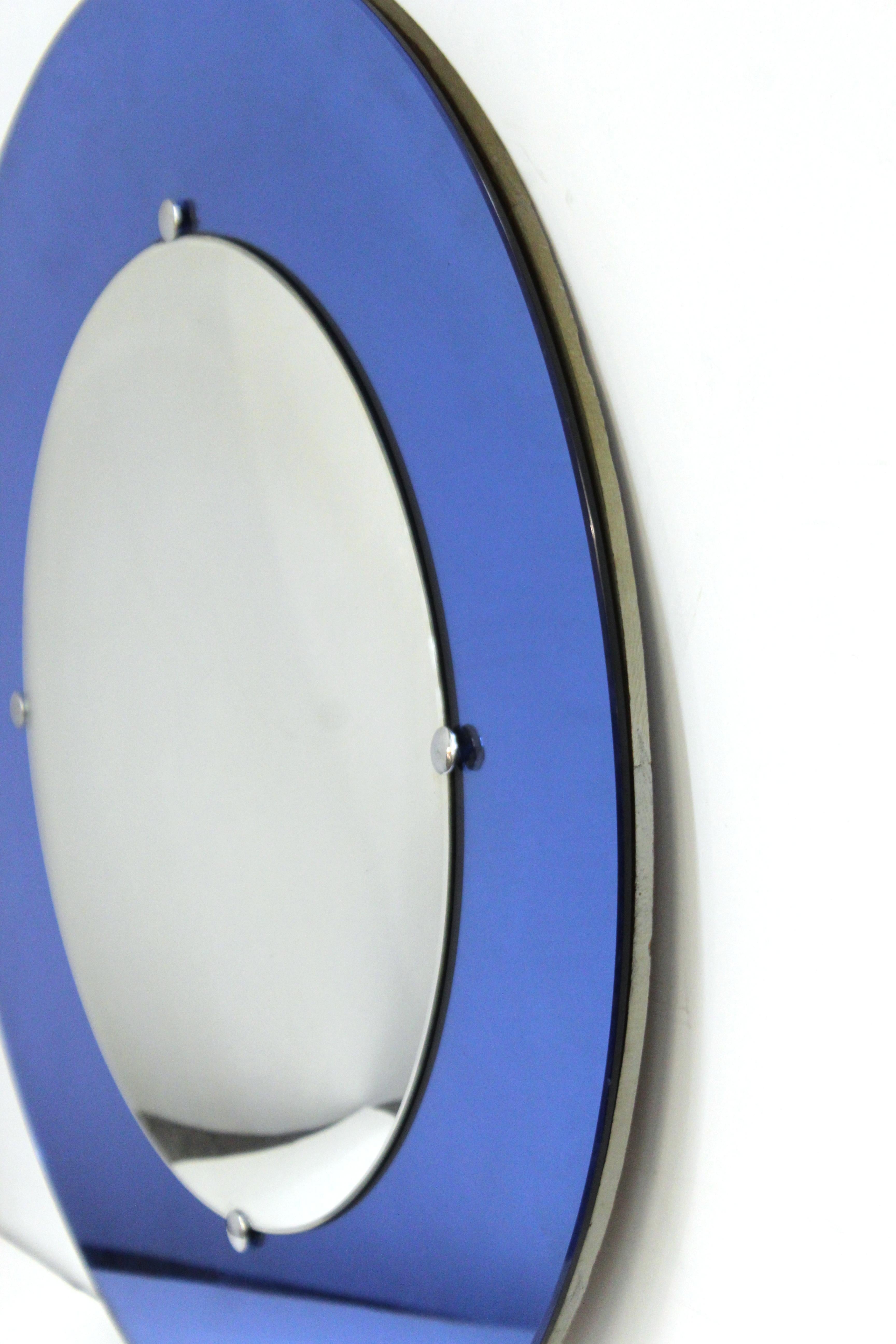 Metal Art Deco Convex Circular Mirror with Blue Border